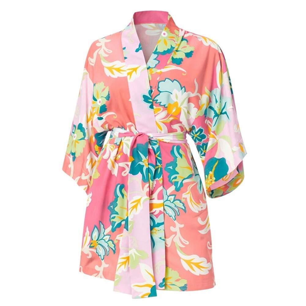 Natori Marbella Floral Patchwork Wrap bath Robe Kimono dopamine cabana tropical